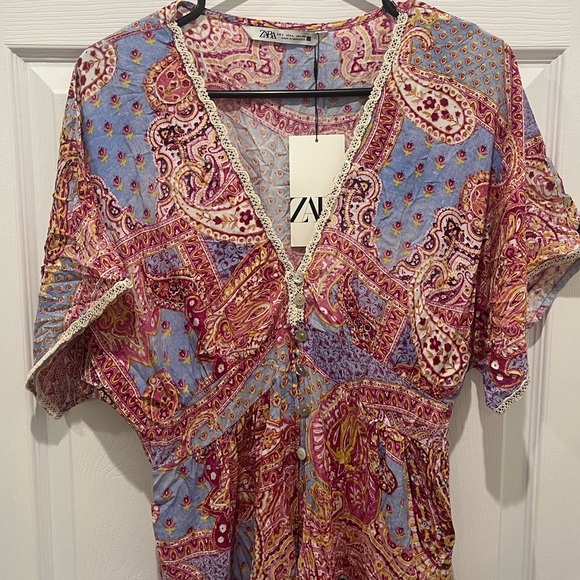 NWT Zara Multicolor Paisley Maxi Dress Large Bohemian Kimono Sleeves Lace Trim - Picture 2 of 6